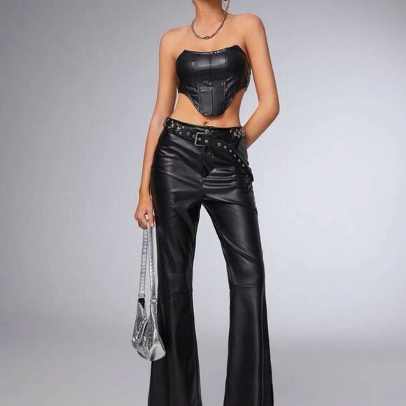 Mob Wives Western Vegan Leather Black Asymmetrical Hem Tube Crop Top - Picture 6 of 9